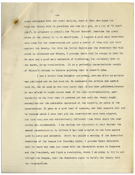 William H. Taft Letter Signed in 1919 Endorsing (Perhaps for the First Time on Paper) the Suffrage Movement -- Taft Also Criticizes President Woodrow Wilson's Mis-Handling of the Treaty of Versailles